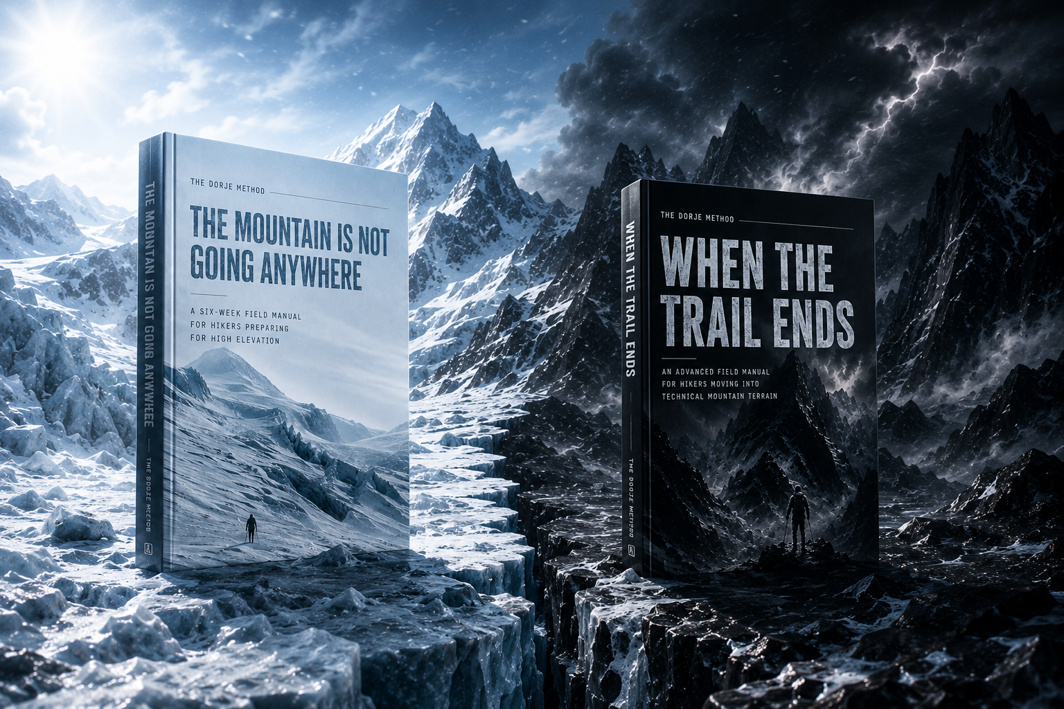 The Mountain Is Not Going Anywhere and When the Trail Ends field manuals shown together